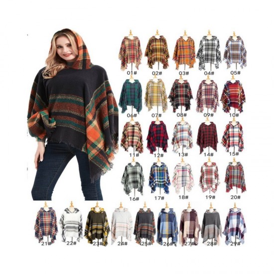 Factory direct supply of popular European and American spring, autumn, winter and Christmas green shawls, looped chiffon, checkered hooded capes