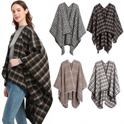 A new mid-to-high-end checkered thickened women's cape from Europe and America for autumn and winter, featuring a large acrylic slit checkered shawl