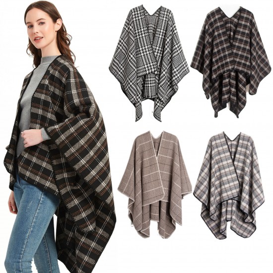A new mid-to-high-end checkered thickened women's cape from Europe and America for autumn and winter, featuring a large acrylic slit checkered shawl A new mid-to-high-end checkered thickened women's cape from Europe and America for autumn and winter, featuring a large acrylic slit checkered shawl