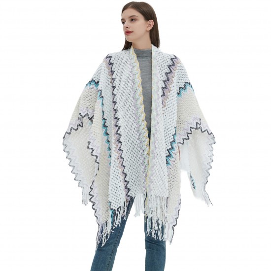 Wholesale of new foreign trade European and American spring, autumn and winter travel ethnic style split tassel white knitted shawls from the manufacturer Wholesale of new foreign trade European and American spring, autumn and winter travel ethnic style split tassel white knitted shawls from the manufacturer