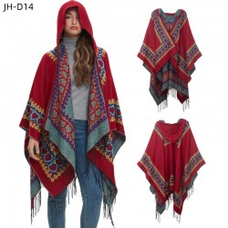 New cross-border trade shawl, European and American spring, autumn and winter cape, ethnic style, heart-shaped red tassel hooded cape