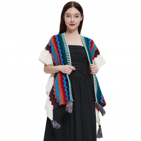 New style cape, European, American, spring, autumn and winter women's travel, ethnic style ruffled knitted shawl from the manufacturer New style cape, European, American, spring, autumn and winter women's travel, ethnic style ruffled knitted shawl from the manufacturer