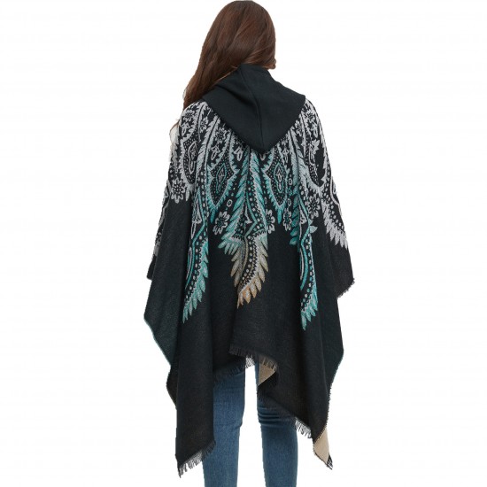 Amazon's hot foreign trade European and American spring and winter new peacock jacquard black and blue imitation cashmere hooded cape shawl Amazon's hot foreign trade European and American spring and winter new peacock jacquard black and blue imitation cashmere hooded cape shawl