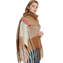A new and popular European and American autumn and winter scarf and shawl with looped yarn imitation mohair and a checkered thick tassel pattern