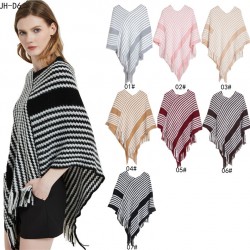 A popular European and American pullover cape shawl for spring, autumn and winter, a black striped knitted shawl