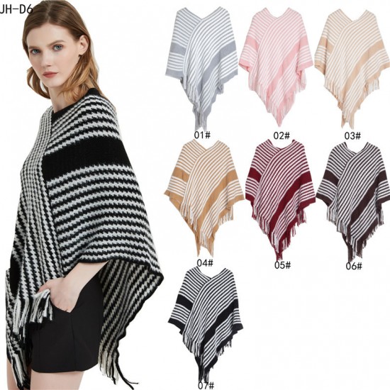 A popular European and American pullover cape shawl for spring, autumn and winter, a black striped knitted shawl A popular European and American pullover cape shawl for spring, autumn and winter, a black striped knitted shawl