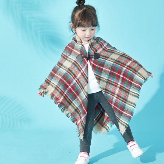 Direct supply from the manufacturer: Amazon's popular new autumn and winter European and American children's horn-buttoned checkered cape shawls Direct supply from the manufacturer: Amazon's popular new autumn and winter European and American children's horn-buttoned checkered cape shawls