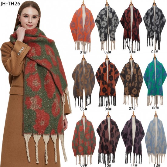 Amazon's hot 2023 new export shawl: European and American winter looped chiffon thick tassel jacquard large leopard print scarf