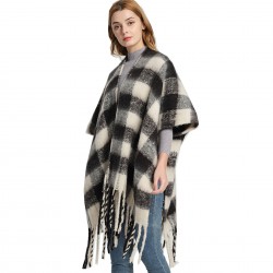 Amazon export European and American autumn and winter black checkered loop yarn imitation mohair thickened tassel shawl custom manufacturer