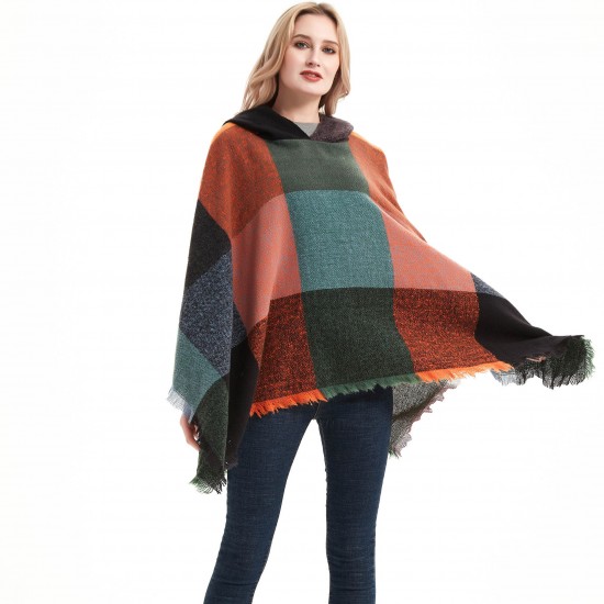 New large-checked women's pullover capes, hooded cloaks and shawls for spring, autumn and winter, directly supplied by the factory for export to Europe and America