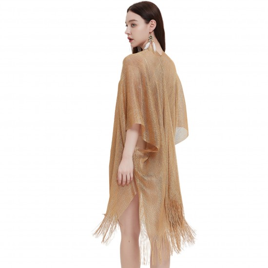 Cross-border hot foreign trade European and American new style cuff gold and silver thread tassel cape for women solid color summer transparent thin shawl