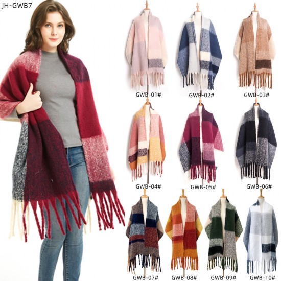 Wholesale manufacturer of new autumn and winter checkered scarves, shawls and scarves with coarse sand rings, tassels and large horizontal stripes for Europe and America
