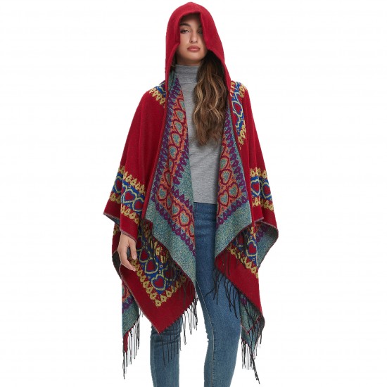 New cross-border trade shawl, European and American spring, autumn and winter cape, ethnic style, heart-shaped red tassel hooded cape