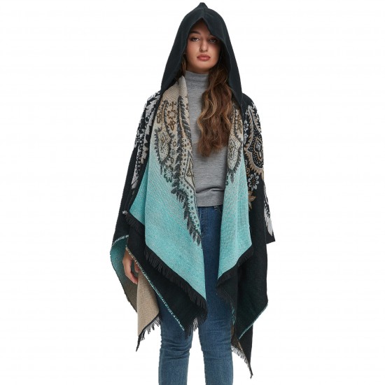 Amazon's hot foreign trade European and American spring and winter new peacock jacquard black and blue imitation cashmere hooded cape shawl Amazon's hot foreign trade European and American spring and winter new peacock jacquard black and blue imitation cashmere hooded cape shawl