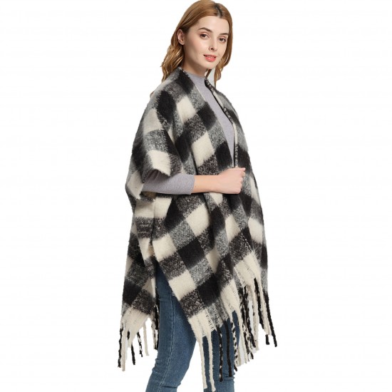 Amazon export European and American autumn and winter black checkered loop yarn imitation mohair thickened tassel shawl custom manufacturer