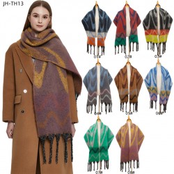 New thick beard shawl for foreign trade, European and American autumn and winter, thickened loop yarn, wavy pattern large jacquard thick tassel scarf