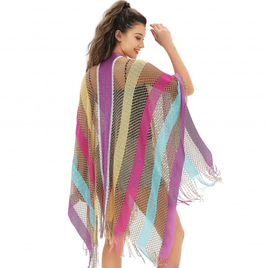 New women's cape with a travel ethnic style, rainbow stripes, summer sun protection, thin and openwork shawl from foreign trade premium products New women's cape with a travel ethnic style, rainbow stripes, summer sun protection, thin and openwork shawl from foreign trade premium products