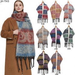 New cross-border shawl for women, European and American autumn and winter thickened imitation mohair coarse tassel large jacquard flower scarf