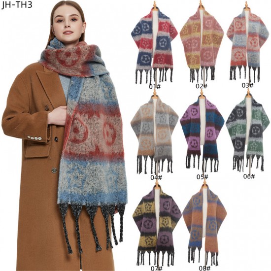 New cross-border shawl for women, European and American autumn and winter thickened imitation mohair coarse tassel large jacquard flower scarf New cross-border shawl for women, European and American autumn and winter thickened imitation mohair coarse tassel large jacquard flower scarf