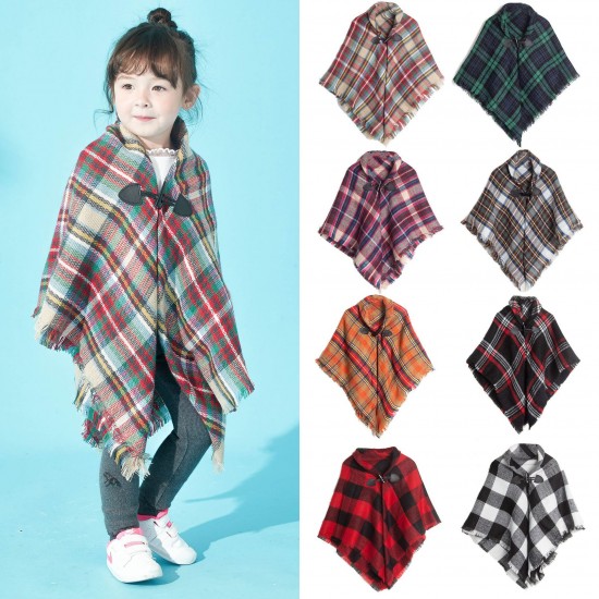 Direct supply from the manufacturer: Amazon's popular new autumn and winter European and American children's horn-buttoned checkered cape shawls Direct supply from the manufacturer: Amazon's popular new autumn and winter European and American children's horn-buttoned checkered cape shawls