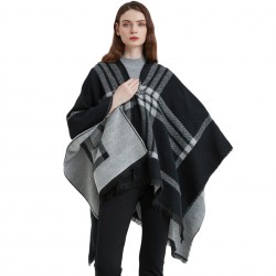 New European and American autumn and winter faux cashmere black and white checkered leather button-split shawl for women's capes manufacturer
