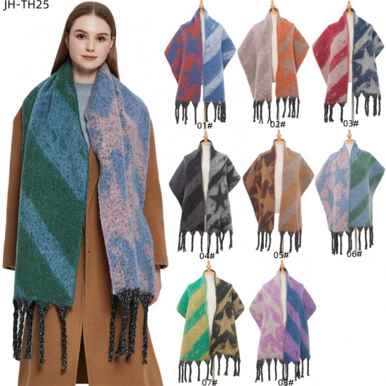 Wholesale manufacturer of thickened loop gauze scarves, thick tassels, five-pointed stars and color-blocked star scarves for autumn and winter in Europe and America Wholesale manufacturer of thickened loop gauze scarves, thick tassels, five-pointed stars and color-blocked star scarves for autumn and winter in Europe and America