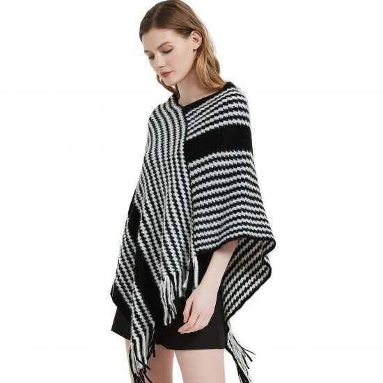 A popular European and American pullover cape shawl for spring, autumn and winter, a black striped knitted shawl A popular European and American pullover cape shawl for spring, autumn and winter, a black striped knitted shawl