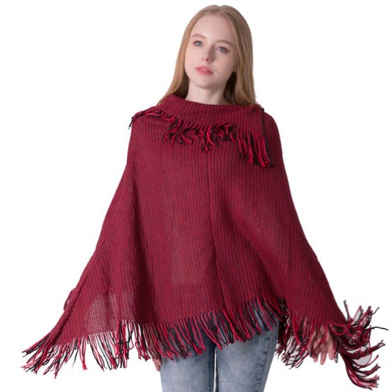European and American autumn and winter warp knitted bat-sleeved lapel knitted sweater, women's fringed knitted sweater, pullover, cape and shawl