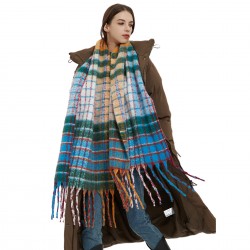 2023 New foreign trade European and American imitation mohair rainbow checkered scarf Women's winter scarf thickened warm shawl
