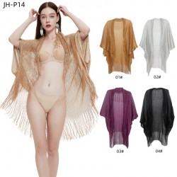 This is a new summer sunshade and sun protection cape from Europe and America. It is a golden, hollowed-out thin sleeve tassel shawl for women