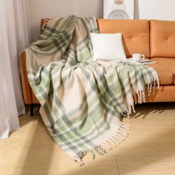 European and American autumn and winter loop gauze imitation mohair green checkered thick thick beard large shawl cover blanket, sofa blanket