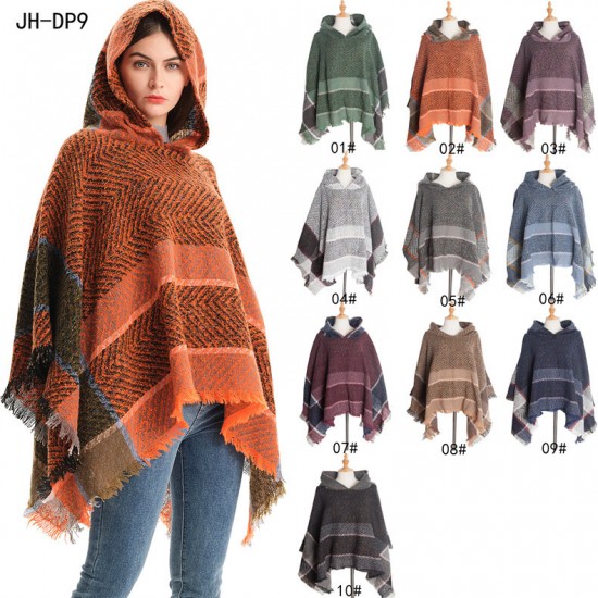 Factory direct supply of new European and American spring and winter fishbone pattern women's hooded shawl and pullover cape for cross-border trade