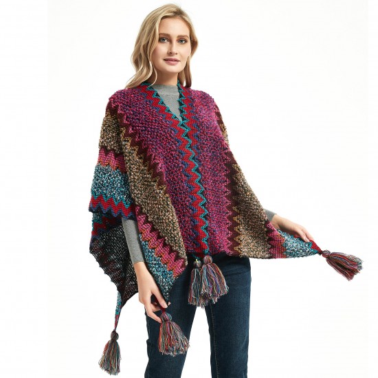 New ethnic-style Yunnan travel hanging beard cape, colorful knitted women's slit shawl from Foreign Trade Spring, Autumn and Winter New ethnic-style Yunnan travel hanging beard cape, colorful knitted women's slit shawl from Foreign Trade Spring, Autumn and Winter