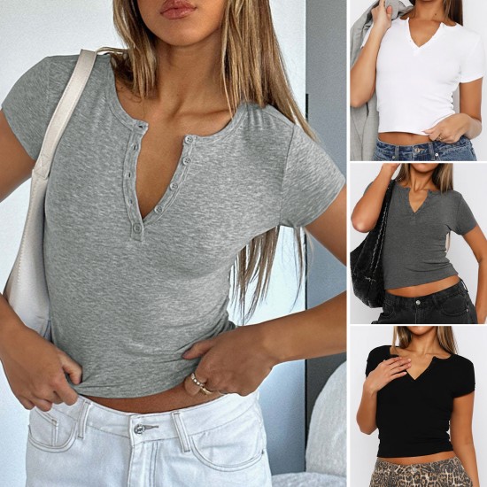 Di Yun 2025 Spring/Summer Cross-border European and American Y2K sexy ribbed slimming V-neck solid color knitted short-sleeved top T-shirt for women