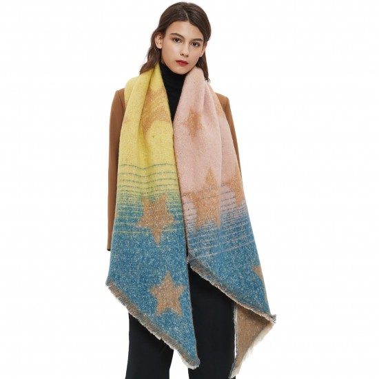Foreign trade 2023 New style warm shawl for women, European and American autumn and winter, loop yarn jacquard color-blocked star diagonal scarf manufacturer Foreign trade 2023 New style warm shawl for women, European and American autumn and winter, loop yarn jacquard color-blocked star diagonal scarf manufacturer